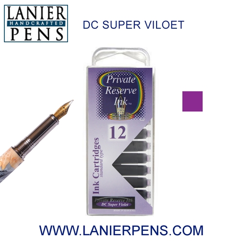 12 Pack - Private Reserve Ink, Universal Fountain Pen Ink Cartridges Clear Case, DC Super Violet