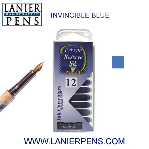 12 Pack - Private Reserve Ink, Universal Fountain Pen Ink Cartridges Clear Case, Invincible Blue