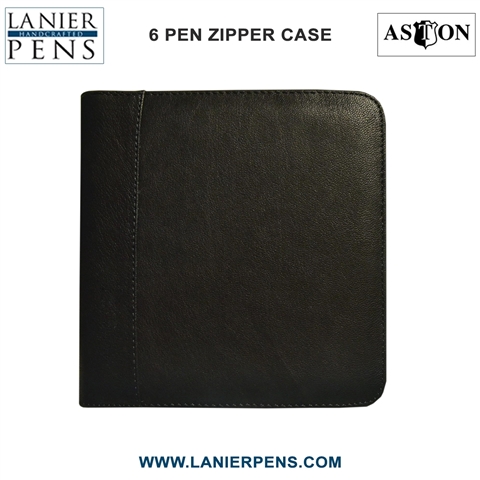 Aston Leather Pen Case Zippered Collectors - 6 Pen Holder Black Case