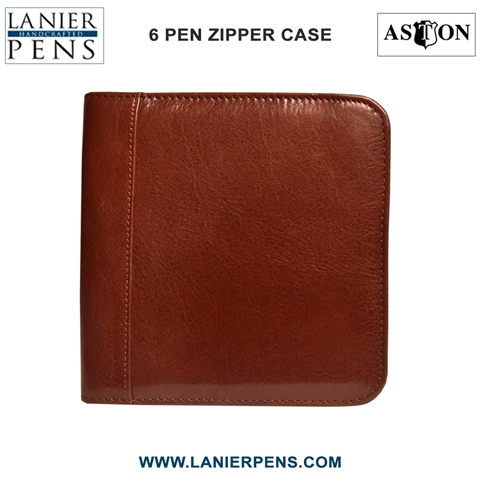 Aston Leather Pen Case Zippered Collectors - 6 Pen Holder Brown Case