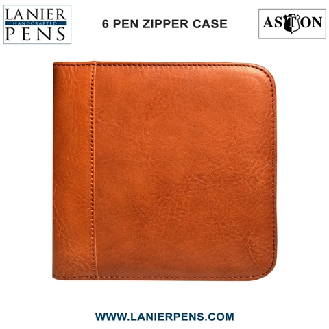 Aston Leather Pen Case Zippered Collectors - 6 Pen Holder Tan Case