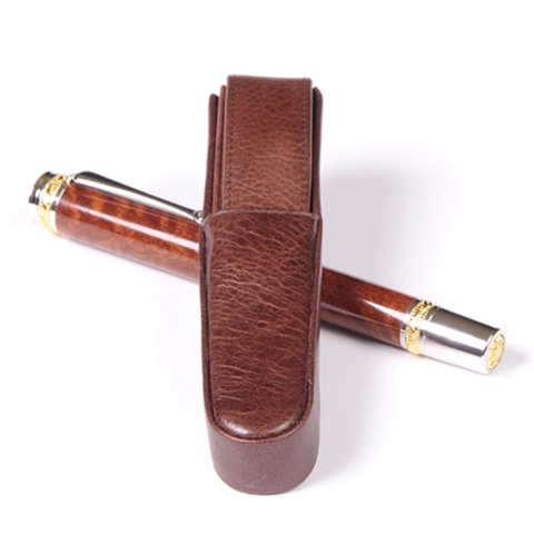 Leather Pen Box Round - Brown Single